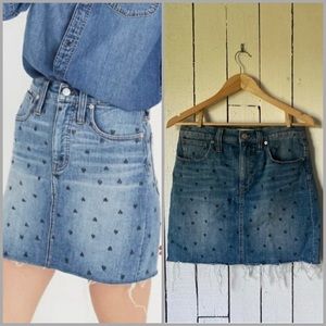 Madewell Denim Medium Wash Blue Jean Stretch Cutoff Mini Skirt Heart Print 28